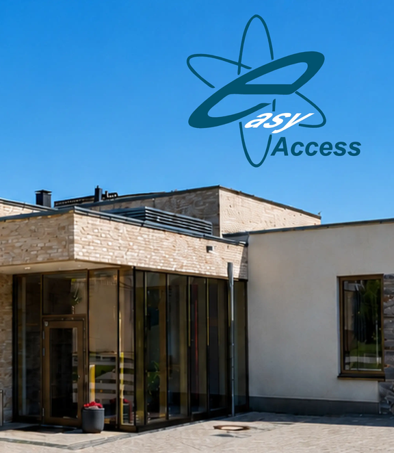 Projet de référence WILKA Haus Marien : centre paroissial et communautaire moderne doté d’une vaste façade vitrée, d’une architecture claire en pierre naturelle et d’une entrée accessible sans obstacle.